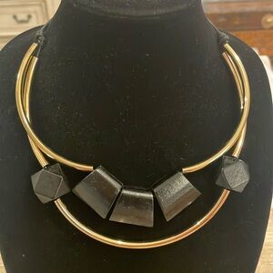 Vintage GVS Gold Black Wooden Double Strand Choker Collar Statement Necklace